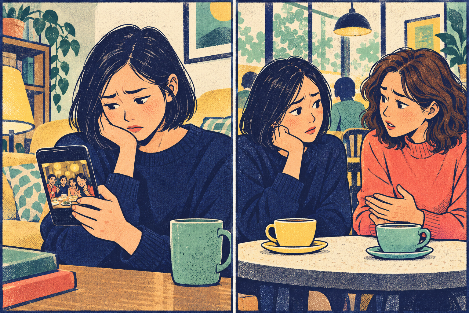 Two comic panels: a woman in a high-neck navy sweater looks hurt while viewing a group dinner photo; later she talks to a friend in a high-neck coral sweater at a café.